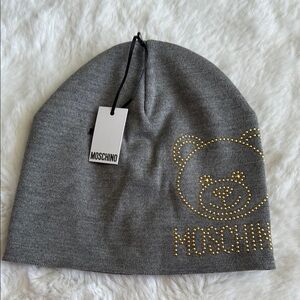 Moschino Gray Beanie with Gold Bear Design